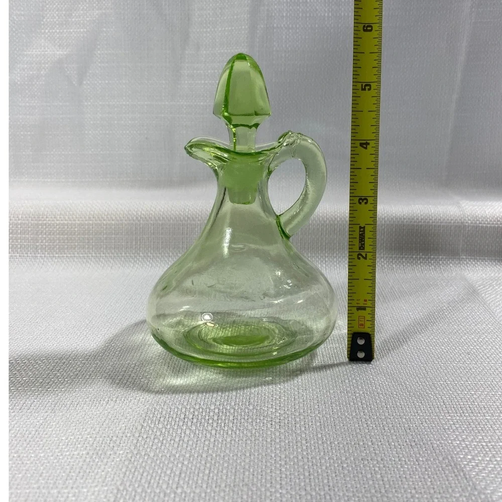 Vintage Uranium Glass Cruet with Stopper Green Vaseline Glass Pitcher UV Glow‎